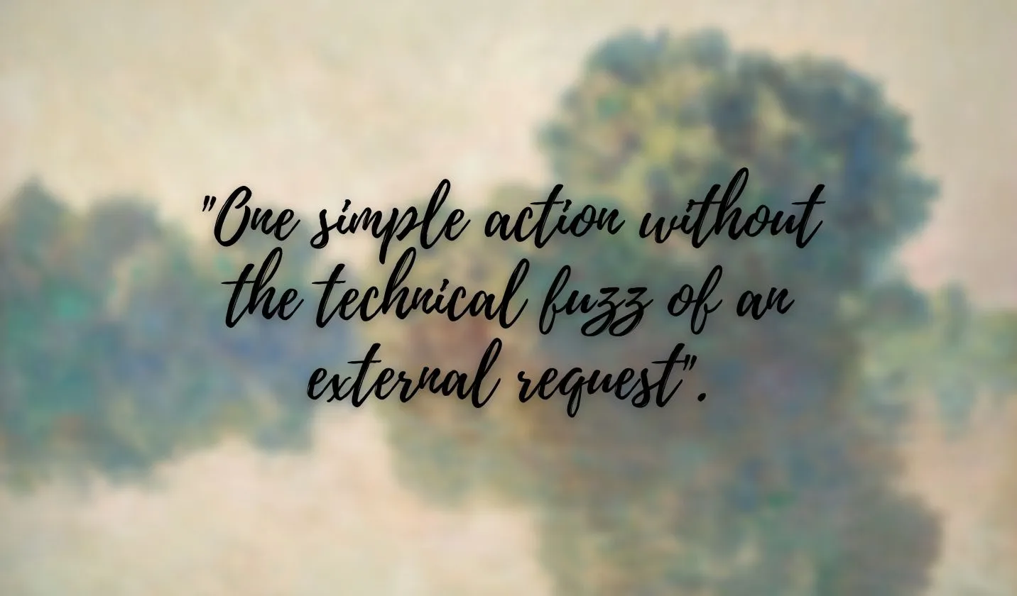 Artwork by Monet accompanied by text: 'One simple action without the technical fuzz of an external request' related to a ManyChat application.