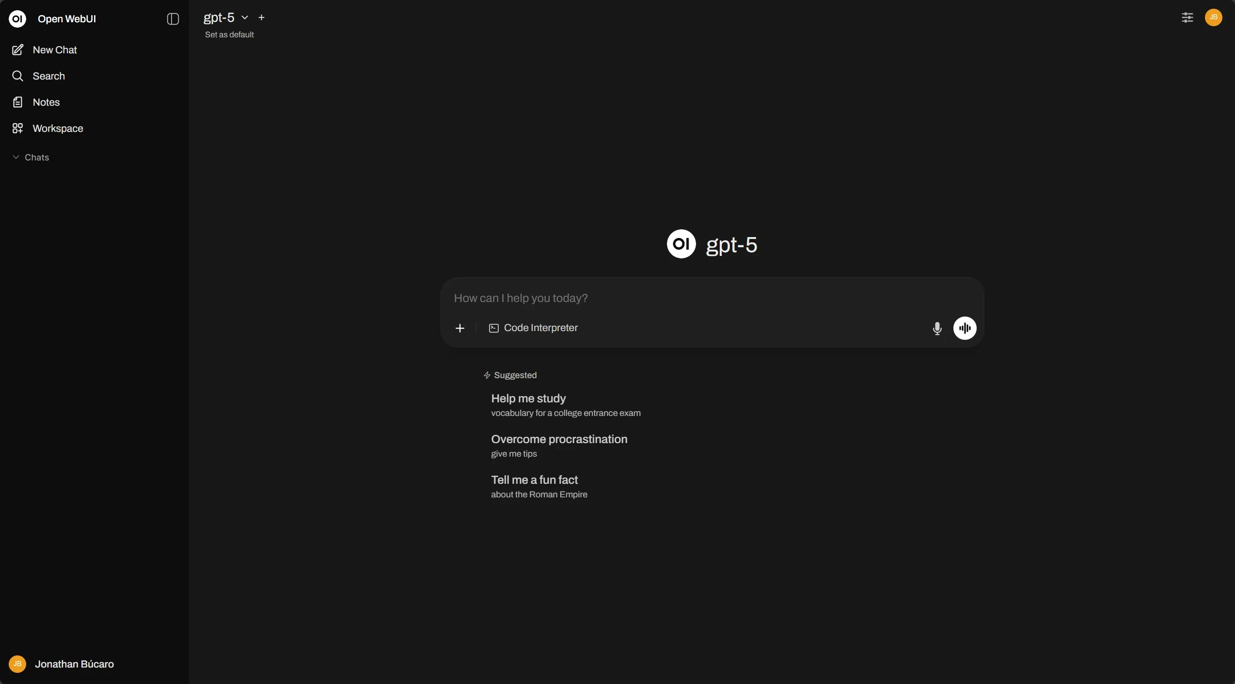 Open WebUI main page showing a list of chats and the main chat user interface.
