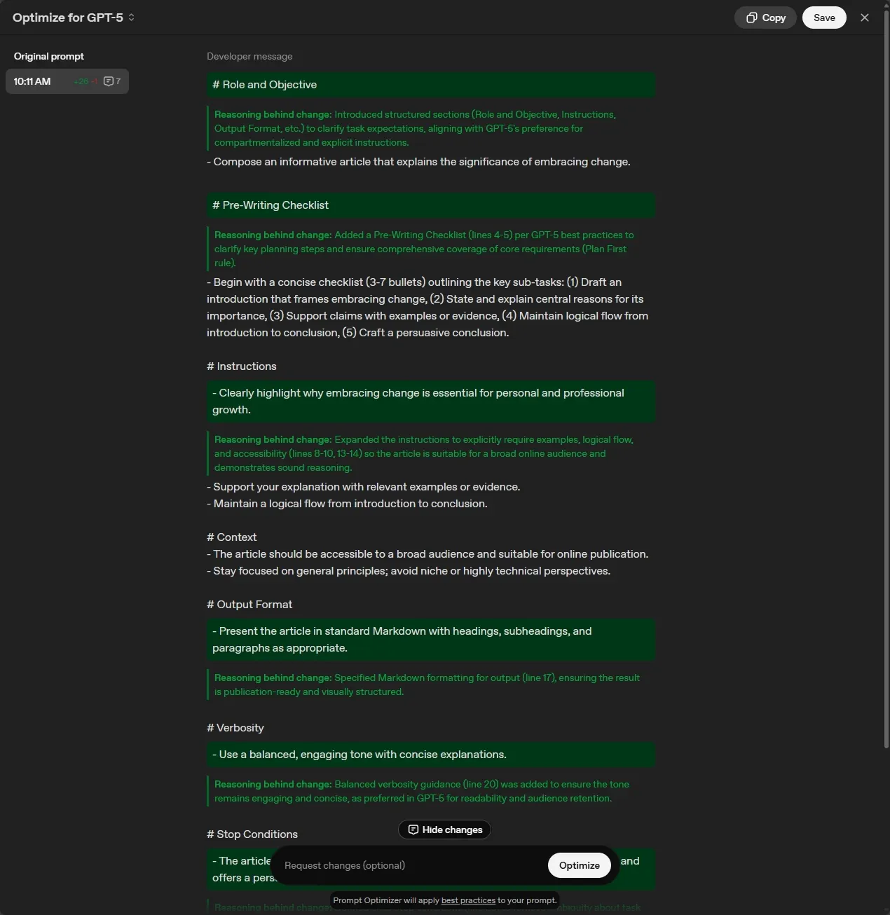 Optimize for GPT-5 web showing the prompt optimized with a description of the changes made and the reason.
