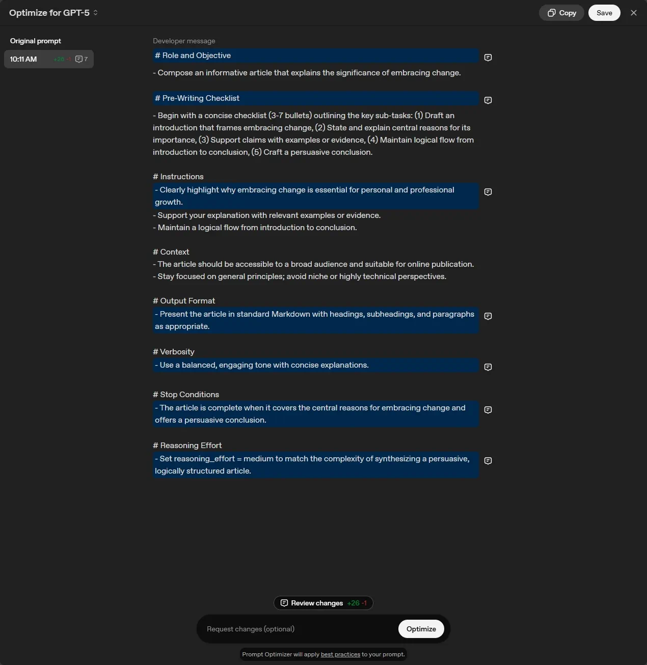 Optimize for GPT-5 web showing the prompt optimized.