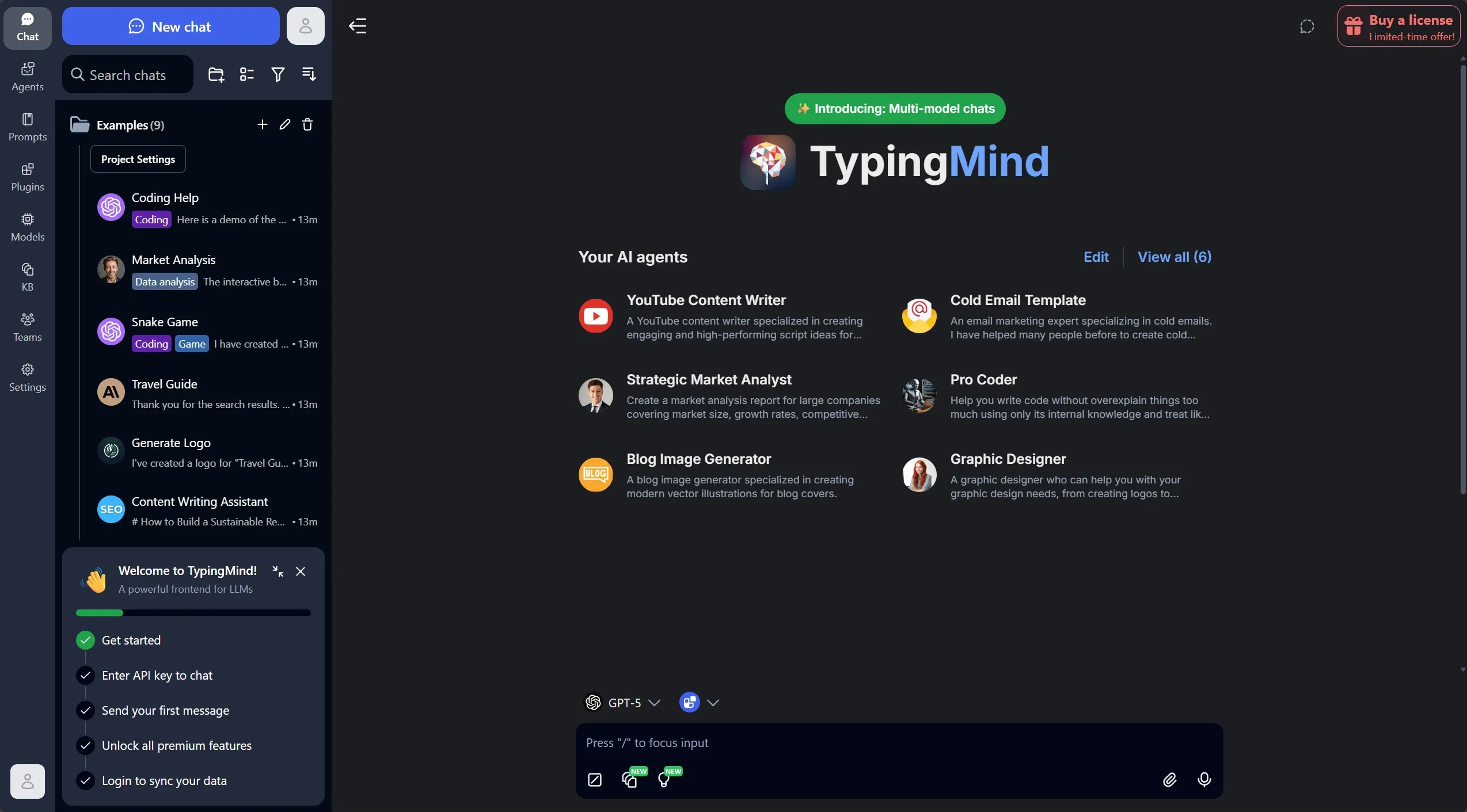 TypingMind main page showing a navbar, a list of chats and the main chat user interface.