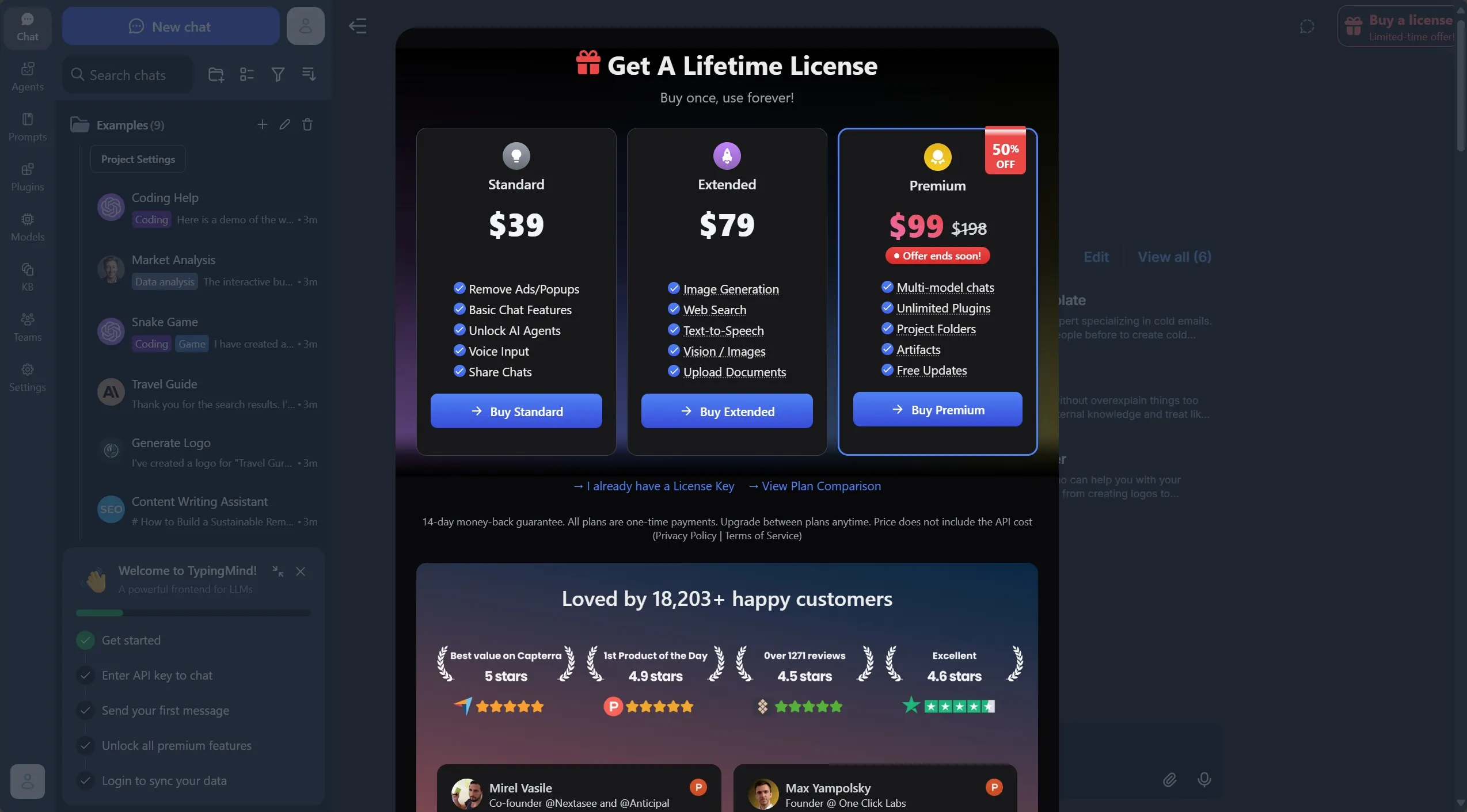 TypingMind pricing page, showing the three tiers to get a lifetime license.