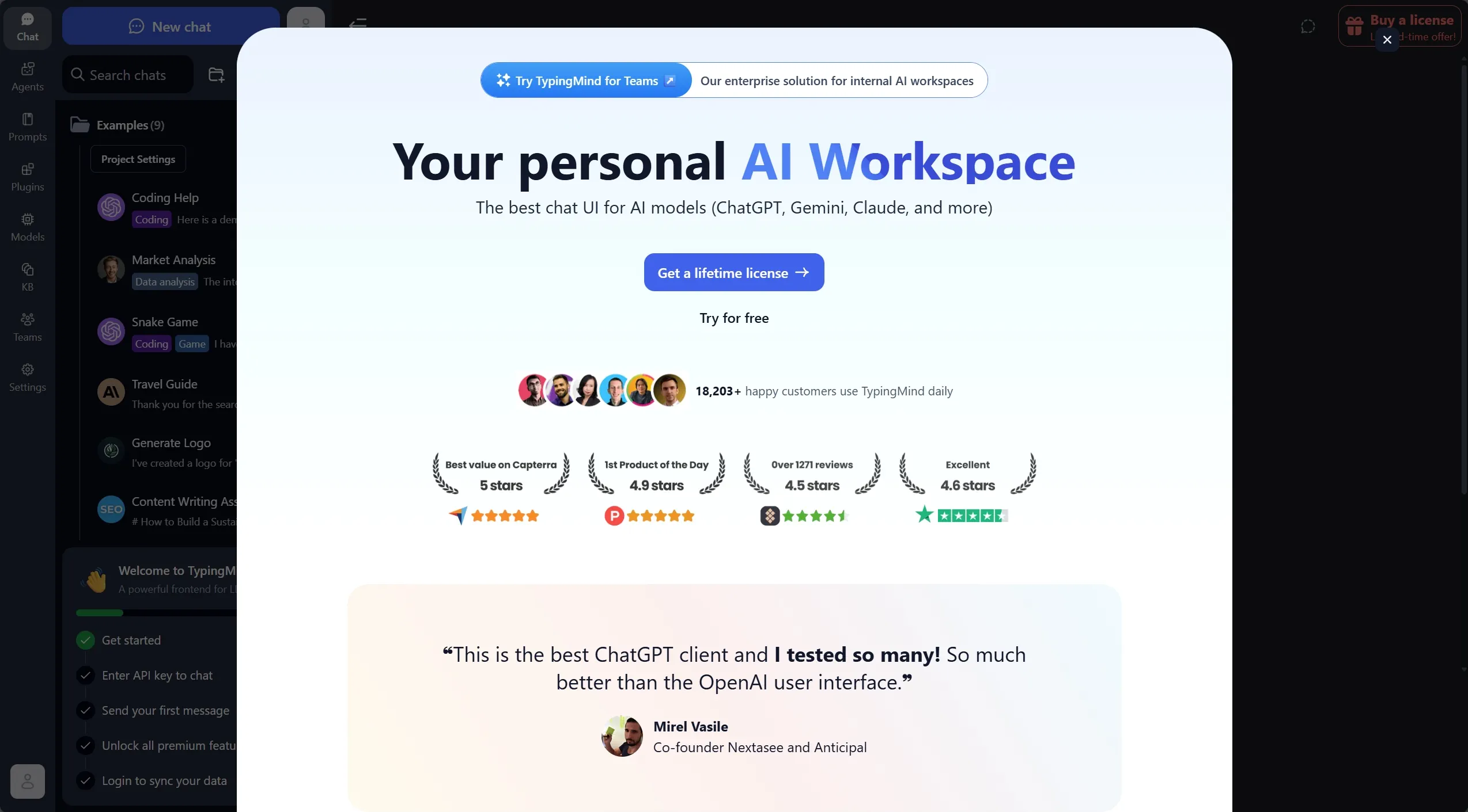 Welcome screen and landing page of TypingMind.